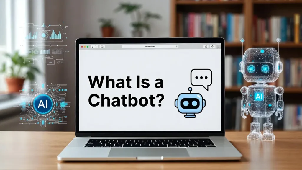 Featured image titled "What Is a Chatbot?" displaying a laptop on a wooden desk with the text on screen, accompanied by a 3D wireframe AI robot figure standing next to it and holographic data visualizations floating on the left.