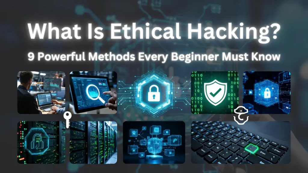 Featured image titled "What Is Ethical Hacking? 9 Powerful Methods Every Beginner Must Know," displaying a central glowing digital lock surrounded by vignettes of server racks, code analysis, a white hat icon, and cybersecurity shields.