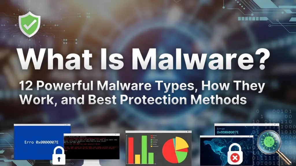 Featured image titled "What Is Malware? 12 Powerful Malware Types, How They Work, and Best Protection Methods," featuring a dark digital security background with a green shield icon and a bottom row of graphics showing system errors, malicious code execution, security charts, global threat maps, and virus scanning.