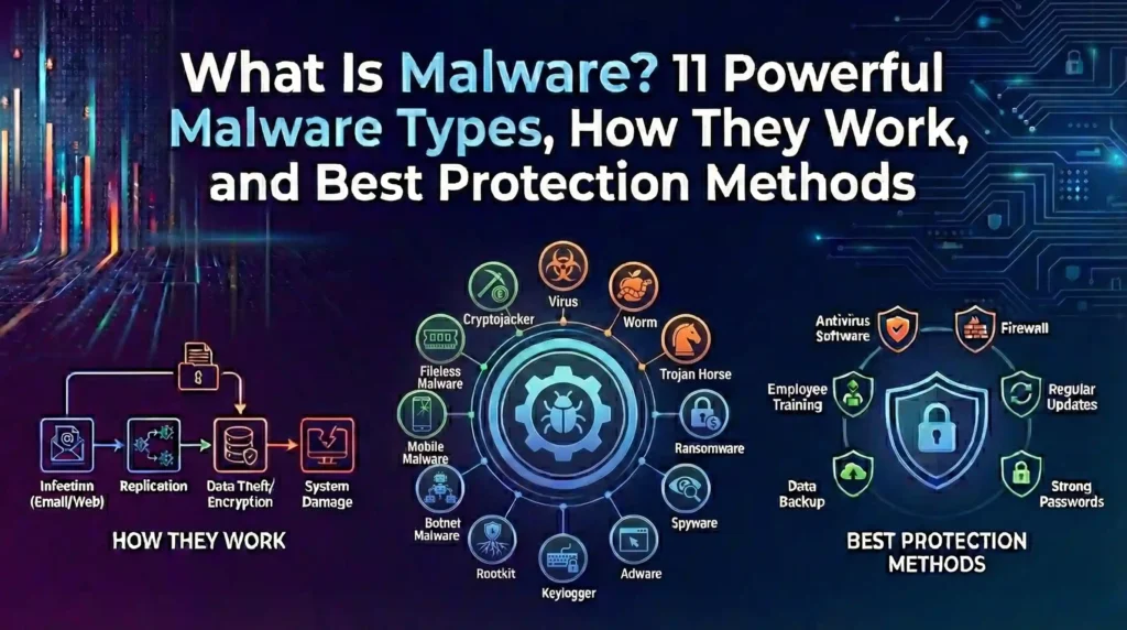 Featured image titled What Is Malware showing 12 powerful malware types like Virus, Ransomware, and Trojans, alongside a diagram of how they work and best cybersecurity protection methods.