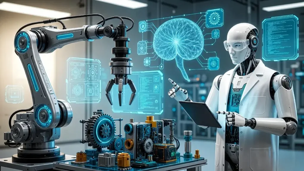 Humanoid robot interacting with a robotic arm and artificial intelligence holograms in a high-tech lab, representing what robotics engineering is.